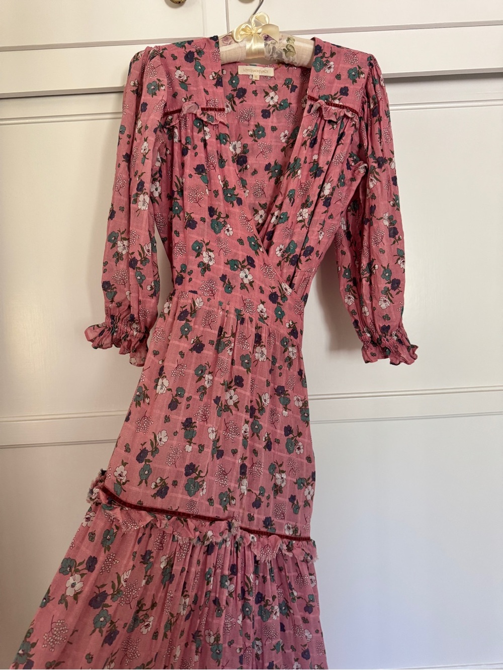 LoveShackFancy Pink Floral Wrap Maxi Dress with Ruffle Trim